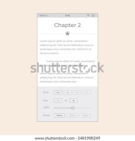 Smartphone Media Reader screen with setting options. Vector mobile wireframe editable design for mobile, with sample data and real user interface graphic details ready for ux ui projects.