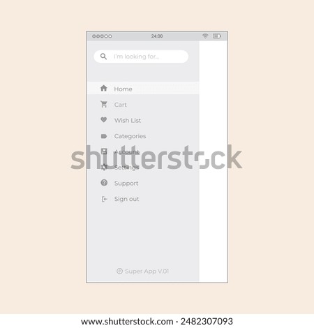Navigation menu screen with search bar and icons. Vector mobile wireframe editable design for mobile, with sample data and real user interface graphic details ready for ux ui projects.