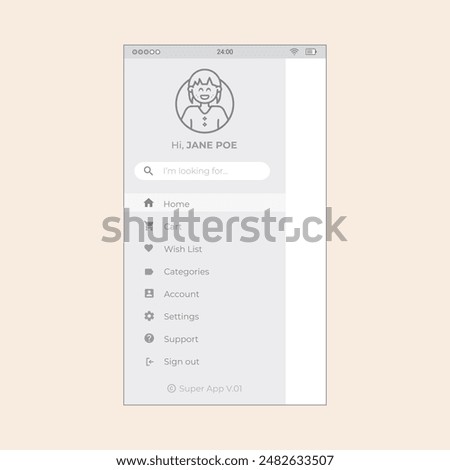 Navigation menu screen with avatar illustration and search bar. Vector mobile wireframe editable design for mobile, with sample data and real user interface graphic details ready for ux ui projects.