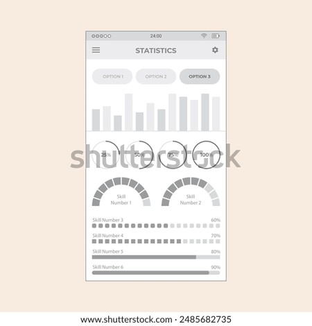 Smartphone Productivity App screen with graphs and statistics. Vector mobile wireframe editable design for mobile, with sample data and real user interface graphic details ready for ux ui projects.