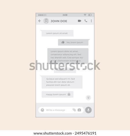 Smartphone App Social Activity screen with chat texts messages. Vector mobile wireframe editable design for mobile, with sample data and real user interface graphic details ready for ux ui projects.