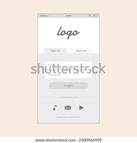 Smartphone App Login Screen with user, password and sign in tabs. Vector mobile wireframe editable design for mobile, with sample data and real user interface graphic details ready for ux ui projects.