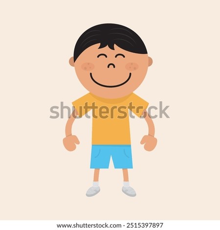 Cute little asian boy vector art illustration. Kid boy with black hair, big smile, freckles and happy mood. Red dress white flower stamps. Flat style, vector line, vector 100% resizable.