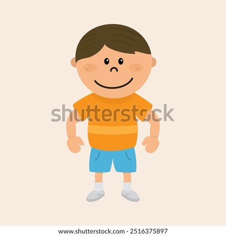 Cute little caucasian boy vector art illustration. Kid boy with brown hair, big smile, freckles and happy mood. Orange t-shirt, blue shorts and grey shoes. Flat style, vector line 100% resizable.