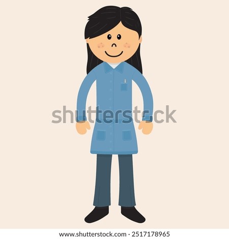 Cute School Teacher woman with gown vector art illustration. White skin, dark long hair, happy mood, pencil in a pocket. Blue gown flat style, vector line 100% editable and resizable.