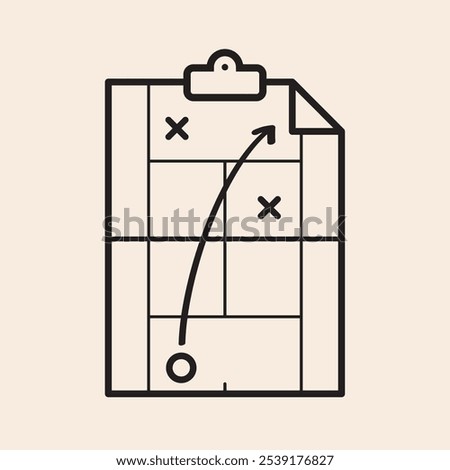 Tactical board paper with clip, tennis court, folded side, cool tennis strategy with crosses, circle and arrow vector outline icon