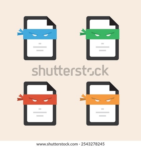 Four ninja character documents with serious look eyes and mouth, colorful ribbon versions and folded corner vector filled icons