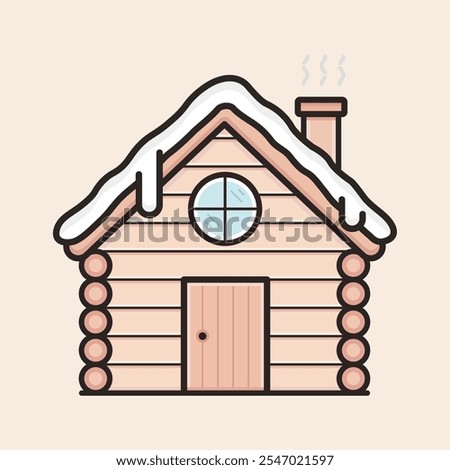 Log cabin with smoking chimney, circular window, front door, wooden brown, snow on roof and ready for cold day. Woodland Cabin vector filled icon.