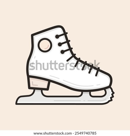 Ice skate shoe boot with blade, lacing, wood heel and circular brand filled vector icon. Cute footwear ice skates ready for winter ice rinks.