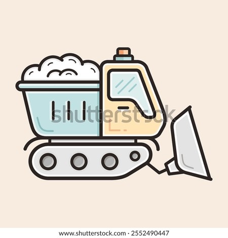 Cool snowplow truck with front plow, dump box fully loaded with snow, Caterpillar wheels, siren light vector filled icon. Cute and creative small winter snow truck line art style illustration.