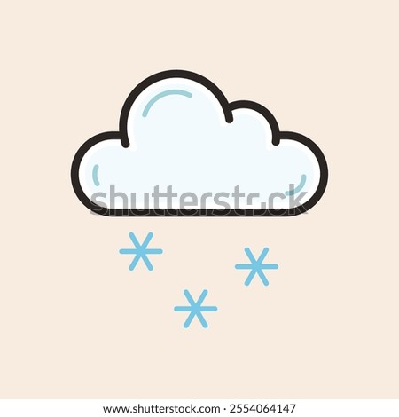 White and blue snow cloud with snowflakes and cute reflexes filled vector icon. Winter cloud with snow line art illustration