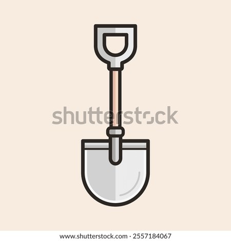 Cute round blade shovel with metal handle grip, wooden shaft and grey metal socket and blade with reflex lines details filled vector icon