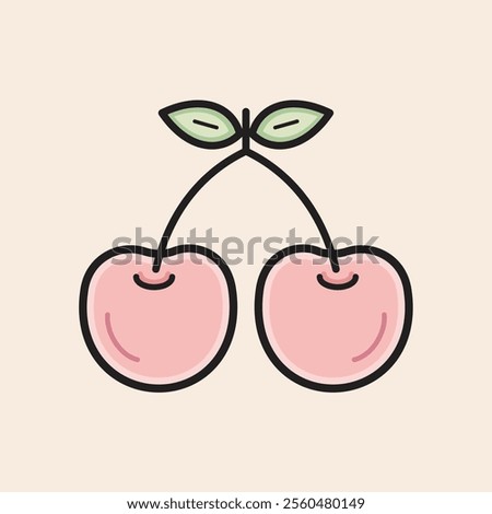 Double red cherries with two green leaves, stem and reflexes. Cool and tasty spring cherries filled vector icon