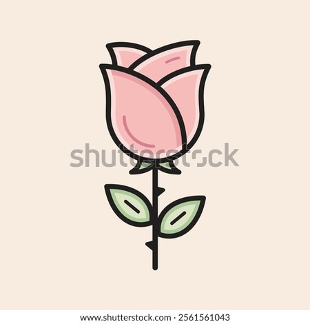 Rose with green leaves, red petals and large stem with spikes ready to decorate your project. Vector filled Rose icon