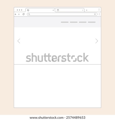 Vector editable web browser wireframe with tabs, icons, adress bar, slider, top navigation menu and screen details ready for your ux and ui projects