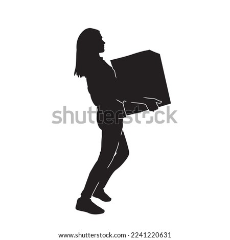 Illustration Woman carrying box. Isolated black silhouette. 