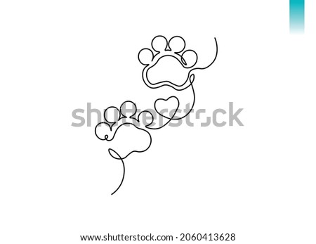 Paw prints and Heart. Hand drawn background footprint pet, dog or cat. continuous line. Drawing single outline. Foot puppy. Black silhouette paw. Cute paw print. Design for prints. Vector