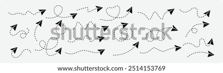 paper plane with dotted line trail trace icon, Vector paper airplane. Outline flying planes with dotted track direction. Black linear paper plane icon