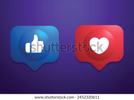 3D blue hand thumb up icon and red heart react love icon Illustration isolated. love react. Approval and validation sign. Like and heart reaction. popup style icons button, Social network Sign Symbol
