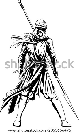 Fantasy warrior with spear Vector - Black and white line art warrior