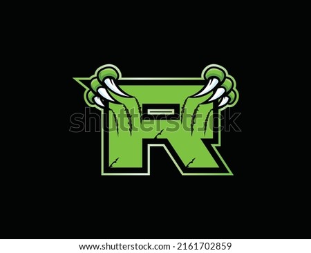 Claw mascot sport logo design. Letter R with scratch animal mascot illustration logo.