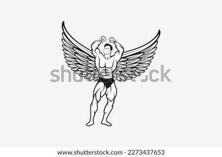 Winged Body builder. Full body Silhouette of Bodybuilder fitness model illustration, Power strength man icon suitable for fitness club, gym, Sport Fitness club creative concept. Gym and fitness logo.