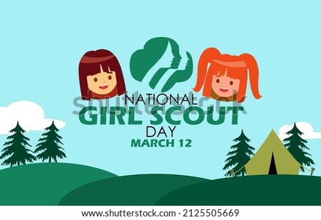 two happy girls with scout logo and words on hills and campground background, National Girl Scout Day March 12