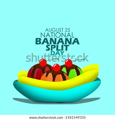 Ice cream poured with melted chocolate and topping with cherries and sliced ​​bananas on a blue bowl called banana split with bold text on light blue background,National Banana Split Day August 25