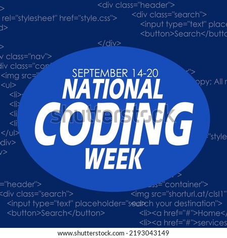 Bold text inside a blue ellipse circle with coding on dark blue background to celebrate National Coding Week on September 14-20