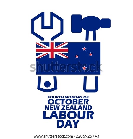 New Zealand flag with hammer and wrench icon with bold text on white background to commemorate New Zealand Labour Day on October 24