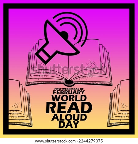 Books icon with a megaphone and bold text in a frame on a gradient background to commemorate World Read Aloud Day on First Wednesday of February 1