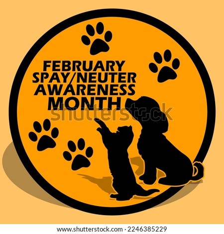 A dog icon with a cat standing with paws icon and bold text in circle frame on brown background to commemorate Spay or Neuter Awareness Month on February