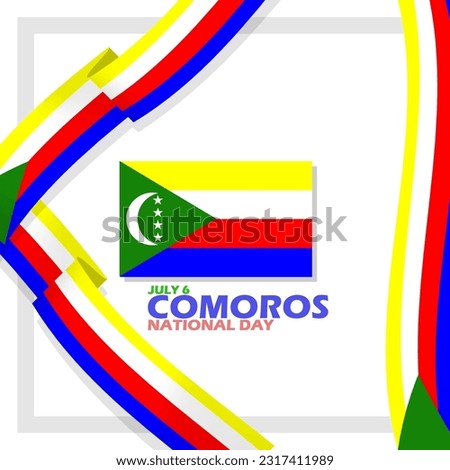 Comoros flag with ribbons and bold text on white background to commemorate Comoros National Day on July 6