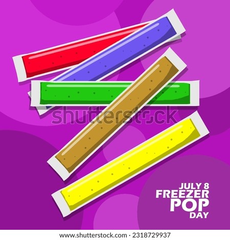 fresh frozen ice with elliptical shape with different flavors commonly called Freezer Pop and bold text on purple background to celebrate National Freezer Pop Day on July 8