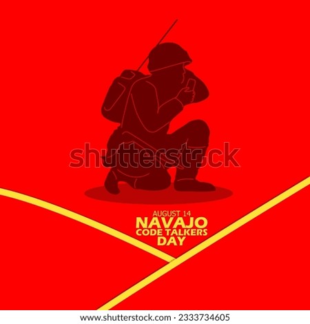 Illustration of a war soldier sending a code with his radio, with bold text and yellow lines on red background to commemorate Navajo Code Talkers Day on August 14