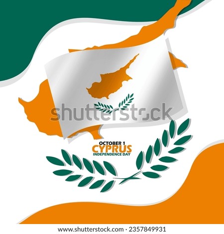 Cyprus flag with its coat of arms and bold text on white background to commemorate Cyprus Independence Day on October 1