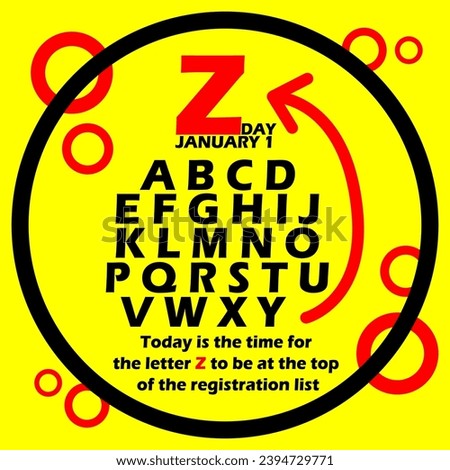 Z Day event banner. Alphabet letters with arrow direction in circle frame on yellow background to celebrate on January 1st