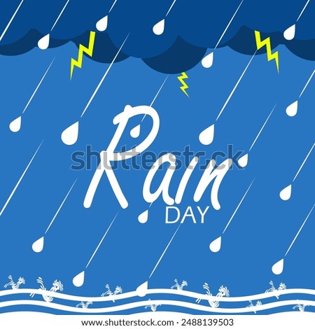 Rain Day event weather banner.  Rain text with cloudy clouds, lightning, raindrops and puddles to celebrate on July 29th