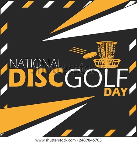 National Disc Golf Day event sport banner. Bold text with golf disc and basket ring on black background to celebrate on August