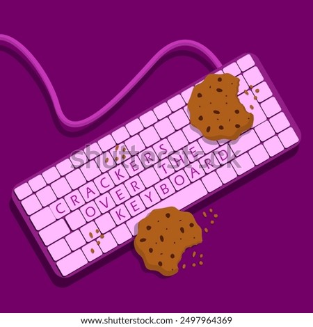 Crackers Over The Keyboard Day event banner. Two cookies and their crunchy mess on top of a purple keyboard on dark purple background to celebrate on August 28th