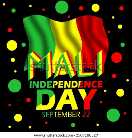 Mali Independence Day event banner. Malian flag flying with dots decoration on black background to celebrate on September 22nd