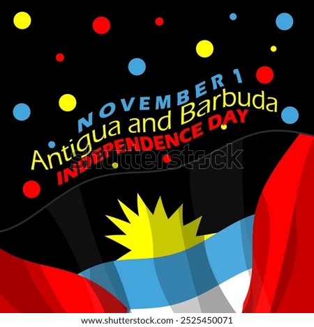 Antigua and Barbuda Independence Day celebrates on November 1st. Antigua and Barbuda flag flying with dots decoration on black background.