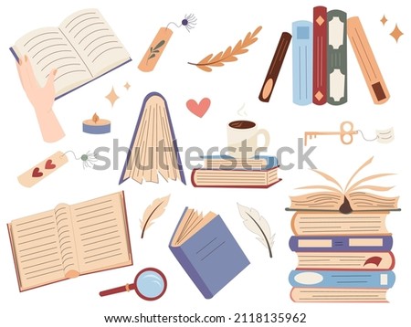 Collection of books for reading and cozy attributes, literary evening, illustrations showing love for books 