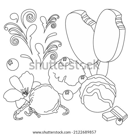 Coloring book with popsicle and ice cream balls, coloring book with a pattern, blueberries and ice cream, chocolate coated popsicle and vanilla ice cream balls in the form of a coloring book