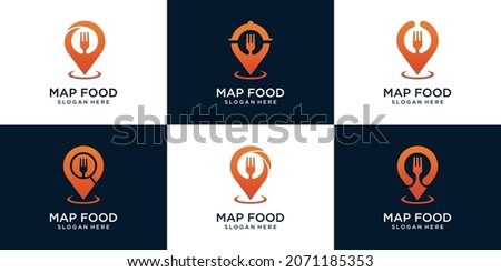 set off Food location logo design, with pin, fork, magnifying glass and business card concept Premium Vector