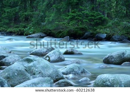 Flowing water of mountain stream near by mountain krivan
