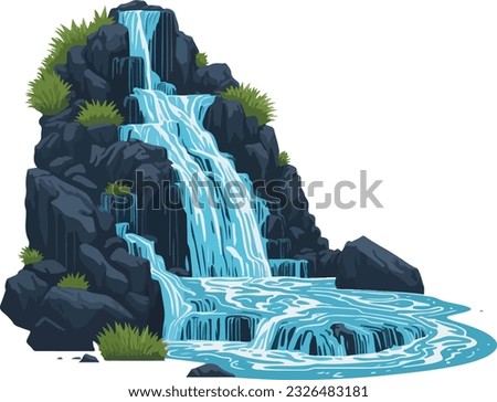 Waterfall among rocks. Cascade shimmers downward. Water flowing. Vector illustration in cute cartoon style isolated on white background. For print, design, advertising, cards, stationery and textiles
