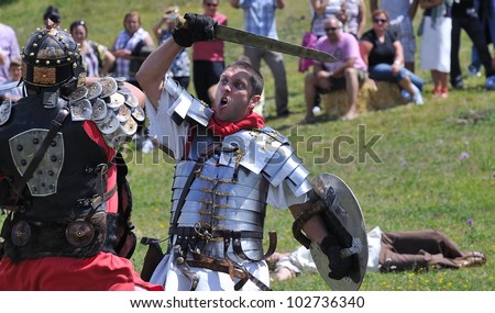 CARABANZO, SPAIN - AUGUST 21: Recreation of the battle between the Romans and Asturian on August 21, 2011 in Carabanzo, Spain.