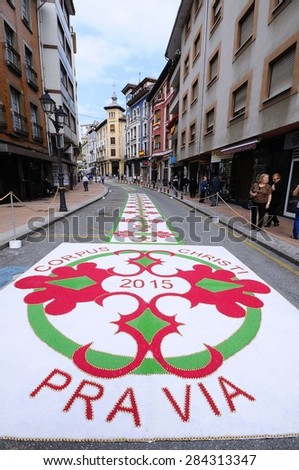 PRAVIA, SPAIN - JUNE 4: Carpets of flowers for the celebration of Corpus Christi  in June 4, 2015 in Pravia, Spain. Fifty housewives have been working with flowers, wood chips and tinted salts.