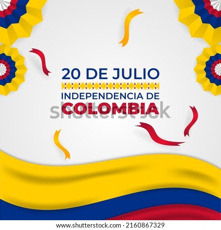20th July Colombia independence day background with wavy flag, ribbons, and traditional pattern